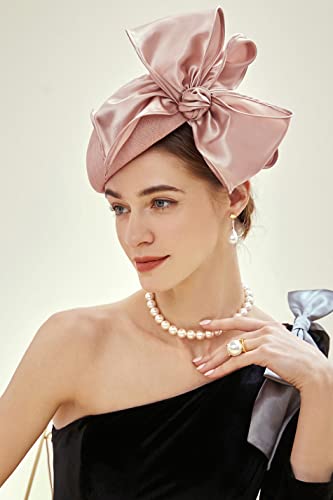 BABEYOND Fascinators Hats for Women Linen Satin Pillbox Bow Derby Tea Hat - color: Nude Pink