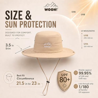 WOOH Sun Hats for Women,UPF80+ Wide Brim Foldable Bucket Hat with Adjustable Chin Strap,Summer Hat for Beach Hiking Gardening - color: Khaki