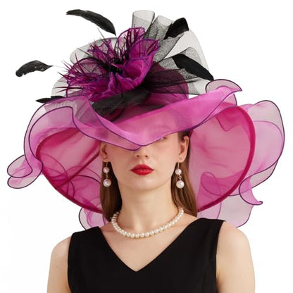 Women Organza Church Derby Hat Wide Brim Sun Caps for Wedding Tea Party Hat with Detachable hat Flower as Headgear - color: 11-rose Red