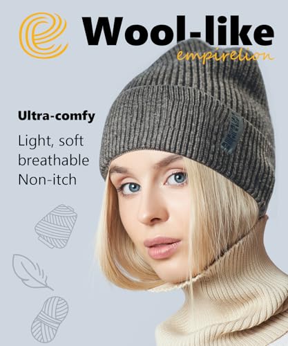 EMPIRELION Wool-Like Cuff Beanie, 0% Wool Itch-Free, Thick Thermal Knit Warm Winter Hats,Soft Stretch Outdoor Cap - color: Grey