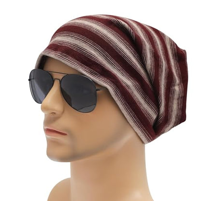 ZLYC Cotton Thin Slouchy Beanie Hat for Men Women Stretch Skull Cap - color: Striped Burgundy and Khaki, size: One Size