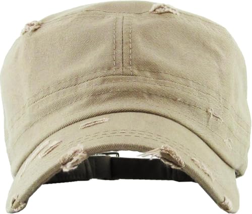 Vintage Distressed Cadet Army Cap Basic Everyday Military Style Hat - color: Khaki Vintage Distressed