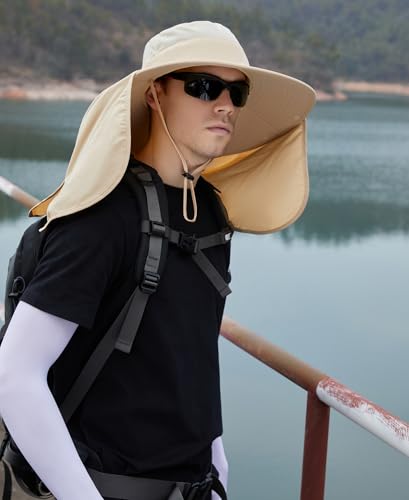 HUAMULAN Women Men Wide Brim Sun Hat Hiking Fishing Hats with Neck Flap - color: Beige With Mesh Panel
