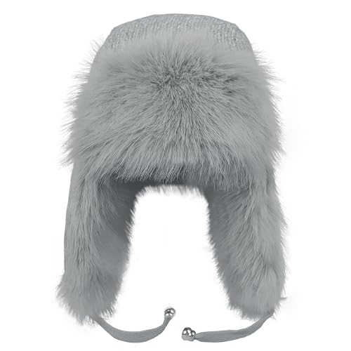 Women Winter Trapper Hat Knit Beanie Hat Faux Fur Plush Lined Earflap Thick Warm Skiing Skating Hunting Cap Headwear - color: Light Grey