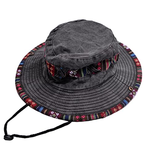 Bucket Hat for Men and Women, Wide Brim Floral Adjustable UV Protection Fishing Washed Sun Hats, Cowboy Hat - color: Black