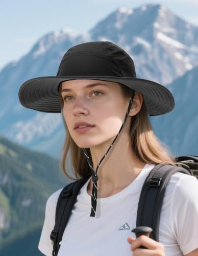 UPF50+ Bucket Hat, Wide Brim Sun Cap - color: Black