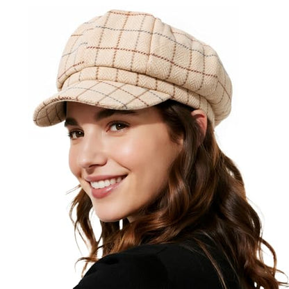American Trends Newsboy Hats for Women Baker Boy Cap Fall Winter Beret - color: Beige Plaid