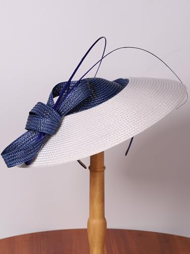 Vintage Fascinators Pillbox Hat for Women Straw Fedora Wide Brim Ladies Church Sinamay Derby Hats - color: Blue White