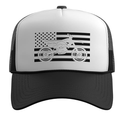 Dirt Bike Motocross Trucker Hat with Adjustable Mesh Back - color: Black/White