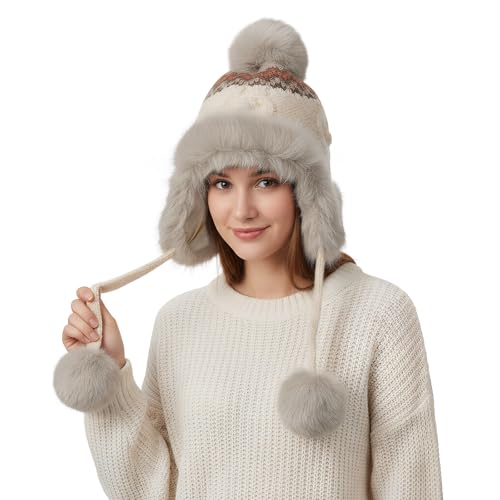 Women Winter Warm Knit Beanie Earflap Hat with Pompom Plush Lined Russian Ushanka Trapper Hat Thermal Windproof Ski Snow Cap - color: Beige