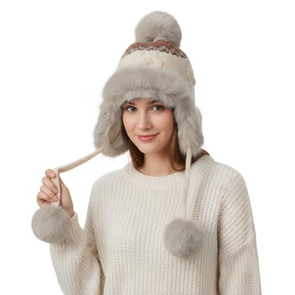 Women Winter Warm Knit Beanie Earflap Hat with Pompom Plush Lined Russian Ushanka Trapper Hat Thermal Windproof Ski Snow Cap - color: Beige