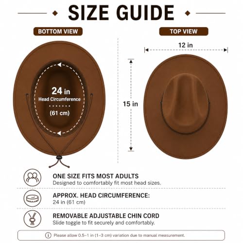 COLLECT PRESENT Plain Felt Cowboy & Cowgirl Hat for Men and Women | Western Studded Cowboy Hat in Adult Sizes - color: Brown