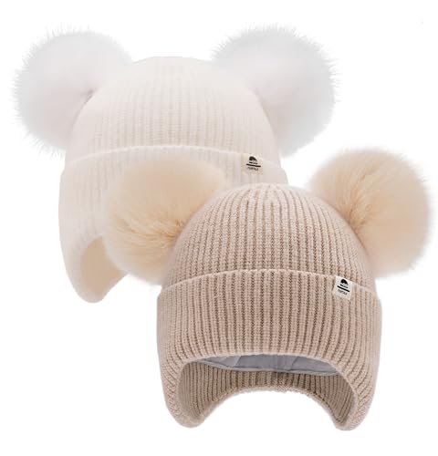 FURTALK Baby Winter Hat Pom Pom Beanie with Fleece Lined Toddler Warm Cap - color: White+light Khaki, size: 0-6 Months