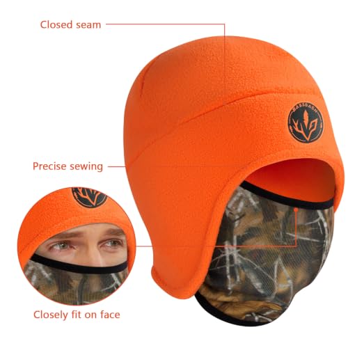 BASSDASH Unisex Soft Fleece 2-in-1 Hat with Mask Ear Flap - color: Orange & Autumn Forest