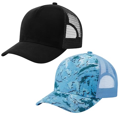 Suede Curved Brim Trucker Cap Adjustable Snapback Hat Mesh Back Breathable for Men Women 2 Pack SH03 - color: Pack of 2, Black & Ocean Digital Camo