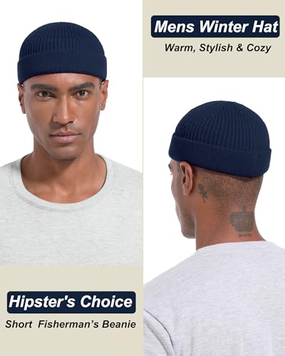 Short Beanie for Men Women, Wool Knit Cuff Winter Fisherman Hats - color: 1pcs-navy Blue