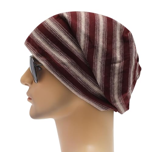 ZLYC Cotton Thin Slouchy Beanie Hat for Men Women Stretch Skull Cap - color: Striped Burgundy and Khaki, size: One Size