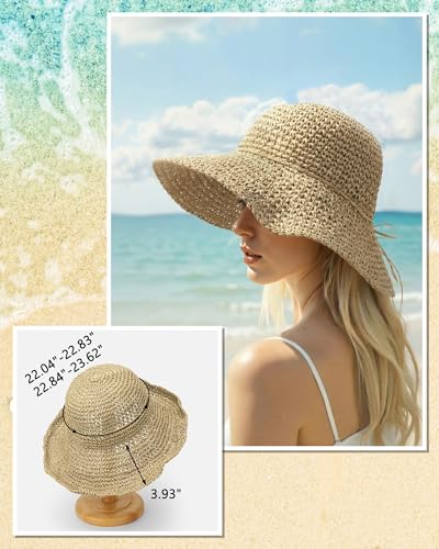 Sun Hats for Women, Summer Beach Straw Wide Brim Bucket Hat - color: Light Beige, size: X-Large