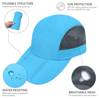 BASSDASH Folding Fishing Baseball Cap UPF 50+ Water Resistant Outdoor Portable Brim Hats for Women Men Hiking Adjustable - color: Cyan Blue