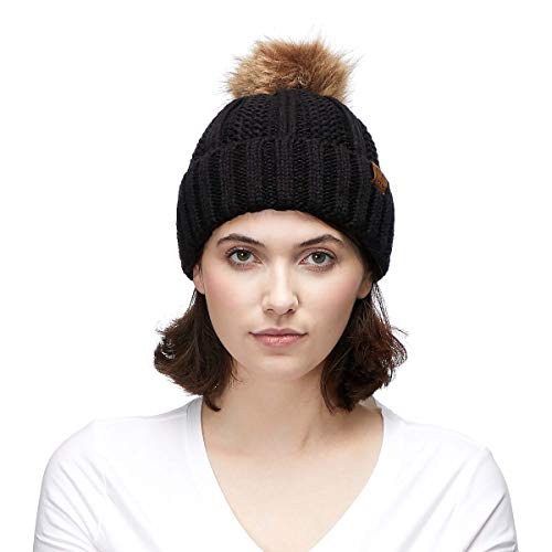 C.C Exclusives Fuzzy Lined Knit Fur Pom Beanie Hat (YJ-820) - color: Black