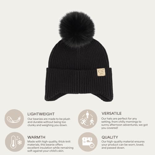 C.C Kids Ear Flap Fur Pom Beanie for Boys Girls - Comfortable Soft Warm Children Youth Knit Skully Hat with Faux Fur Pom - color: Black