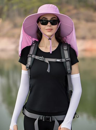 HUAMULAN Women Men Wide Brim Sun Hat Hiking Fishing Hats with Neck Flap - color: Lavender Pink ‌with Mesh Panel
