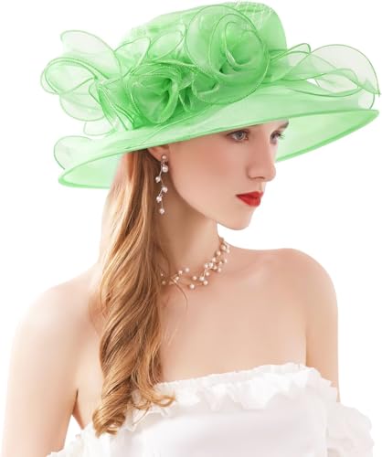 Women Derby Fascinator Hat Organza Church Wedding Hats Wide Brim Cocktail Tea Party Hat - color: 12 Mint Green