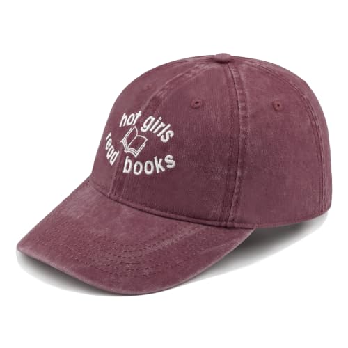Embroidered Book Lover Baseball Cap for Men Women, Funny Washed Cotton Classic Dad Hat, Reading Lover Gift Idea - color: Hot Girls Read Books, Wine Red