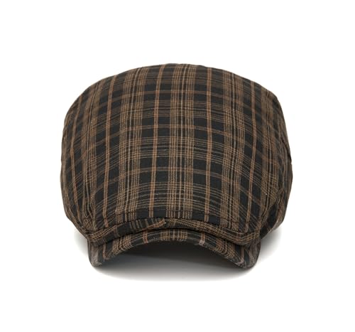 QHFHULV Newsboy Cap for Men Cotton Flat Gatsby Ivy Golf Cabbie Driving Hat - color: Plaid Black Brown