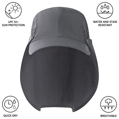 BASSDASH UPF 50+ Fishing Hat, Baseball Cap with Removable Neck Flap - color: Dark Grey With Unfoldable Brim