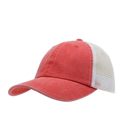 Vintage Washed Cotton Soft Mesh Adjustable Baseball Cap - color: Coral/Coral/White