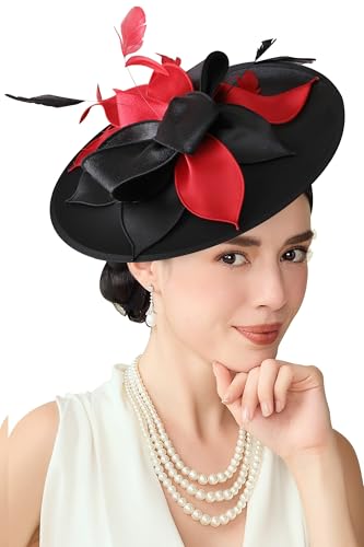 BABEYOND Derby Hats for Women Wide Brim Flower Feather Tea Party Fascinator - color: Black Red