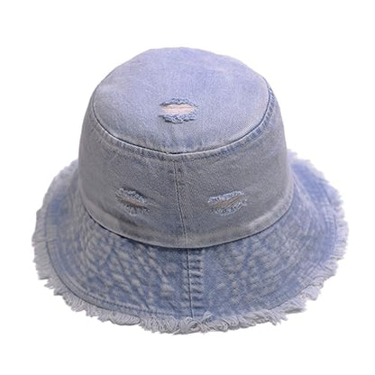 Cotton Denim Distressed Bucket Hat, Sun Hat, Hat for Men and Women - color: Blusa