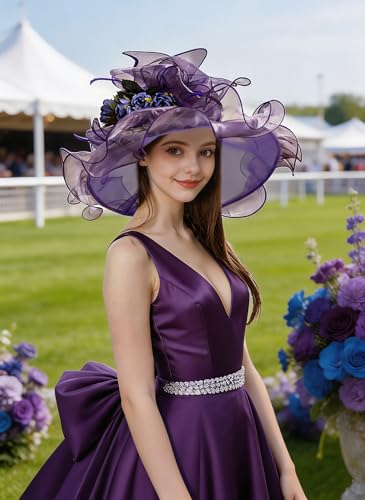 Organza Church Derby Hats for Women Wedding Tea Party Fascinator Floral Wide Brim Sun Hat - color: Style06 Dark Purple