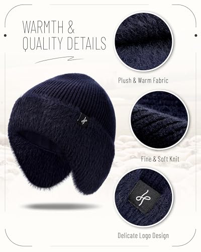 HAMUNI Winter Fleece-Lined Beanie with Earflaps, Warm Windproof Unisex Beanie Hat for Skiing, Hiking & Outdoor Winter Sports - color: Navy Blue