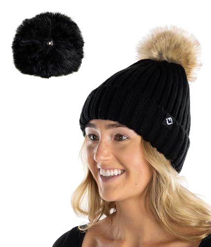 Funky Junque Women’s Winter Detachable Pom Beanie – Warm Knit Hat with Removable Faux Fur Pom, Soft Stretch Acrylic Cozy Cap - color: Black