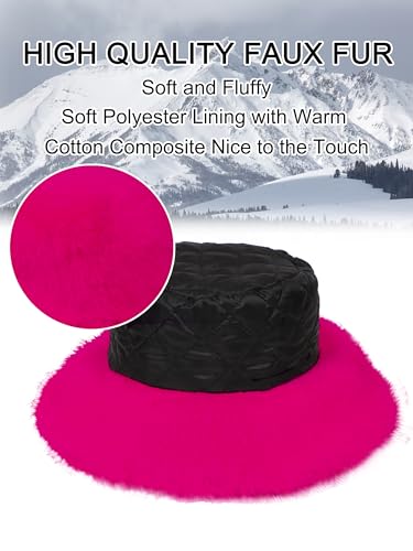 LA CARRIE Women's Fuzzy Wide Brim Faux Fur Bucket Hat Winter Fisherman Cap - color: Hot Pink