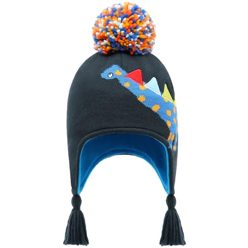 Duoyeree Kids Beanie Dinosaur Pom Pom Knit Winter Hat Fleece Lined for 1-7T - color: 1b-big Dinosaur, size: 2-4T