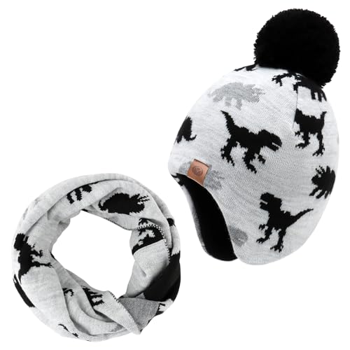 Duoyeree Kids Beanie Dinosaur Pom Pom Knit Winter Hat Fleece Lined for 1-7T - color: White Grey Set, size: 2-4T