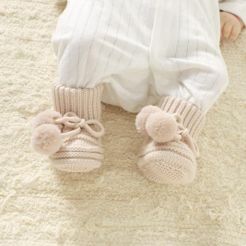 Baby Hats and Booties Set Newborn Knit Pompom Beanie Caps Shoes Winter - color: Beige