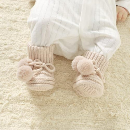 Baby Hats and Booties Set Newborn Knit Pompom Beanie Caps Shoes Winter - color: Beige