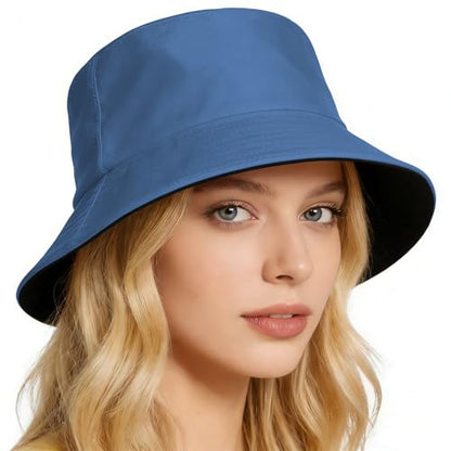 Bucket Hat for Men and Women 2-in-1 Reversible Sun Protection Fashion Flat Top Cap for Fishing Travel Beach Sports - color: Blue-black