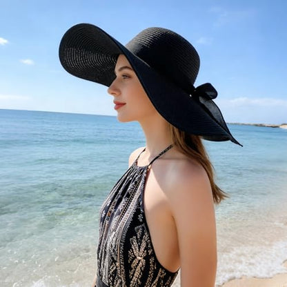 Oweisong Sun Beach Hats for Women Trendy Summer Vacation Straw Hat Boho Bow Wide Brim Packable Hat - color: Black