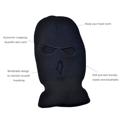 3 Hole Winter Mask, Full Face Cover Ski Mask, Thermal Winter Warm Knit Beanie Balaclava for Men, Black, One Size