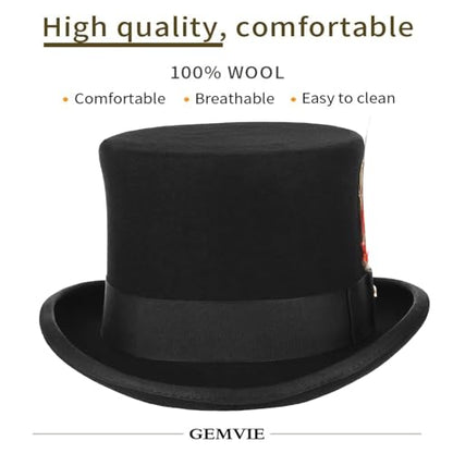 GEMVIE Men 100% Wool Top Hat Mad Hatter Satin Lined Black Low Top Hats for Party - color: Black-5.5" High, size: 7 5/8