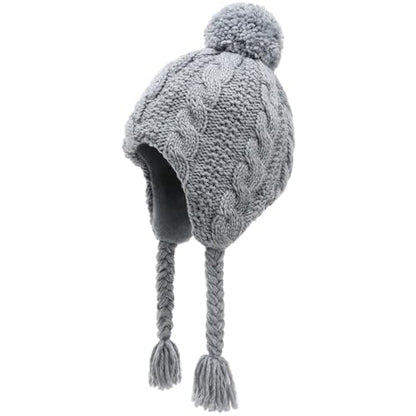 Winter Peruvian Hat Earflap Fleece Lined Girls Knit Beanie 3-10T - color: 1c-grey, size: 3-5T