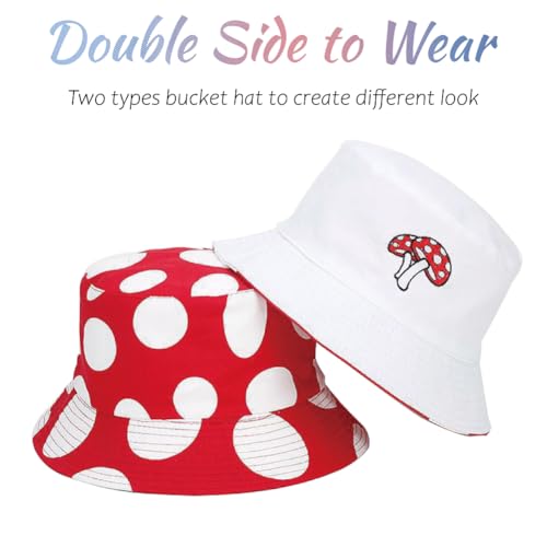 Reversible Bucket Hat for Women Summer Travel Fisherman Cap, Girls Cute Double Side Wear Bucket Cap - color: Red Mushroom