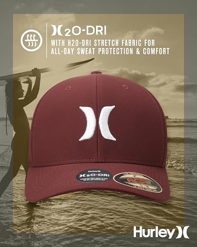 Hurley Mens Baseball Cap Curved Brim Moisture Wicking Flexfit Fitted Hats - color: Burgundy, size: Small-Medium