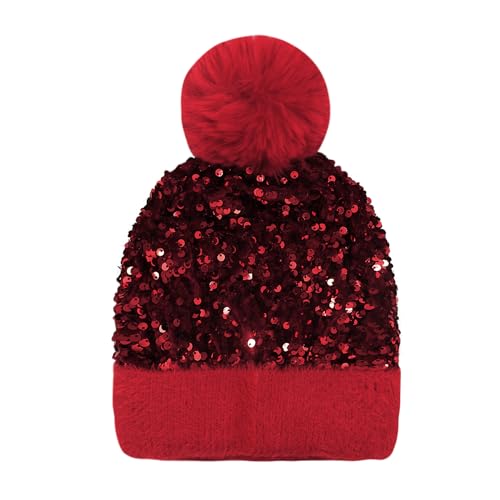 Women Girls Winter Sequin Beanie Hat with Faux Fur Pom Pom Knit Skull Cap - color: Red
