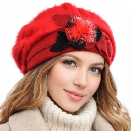 VECRY Women's 100% Wool Bucket Hat Felt Cloche Beret Dress Winter Beanie Hats - color: Angola Red